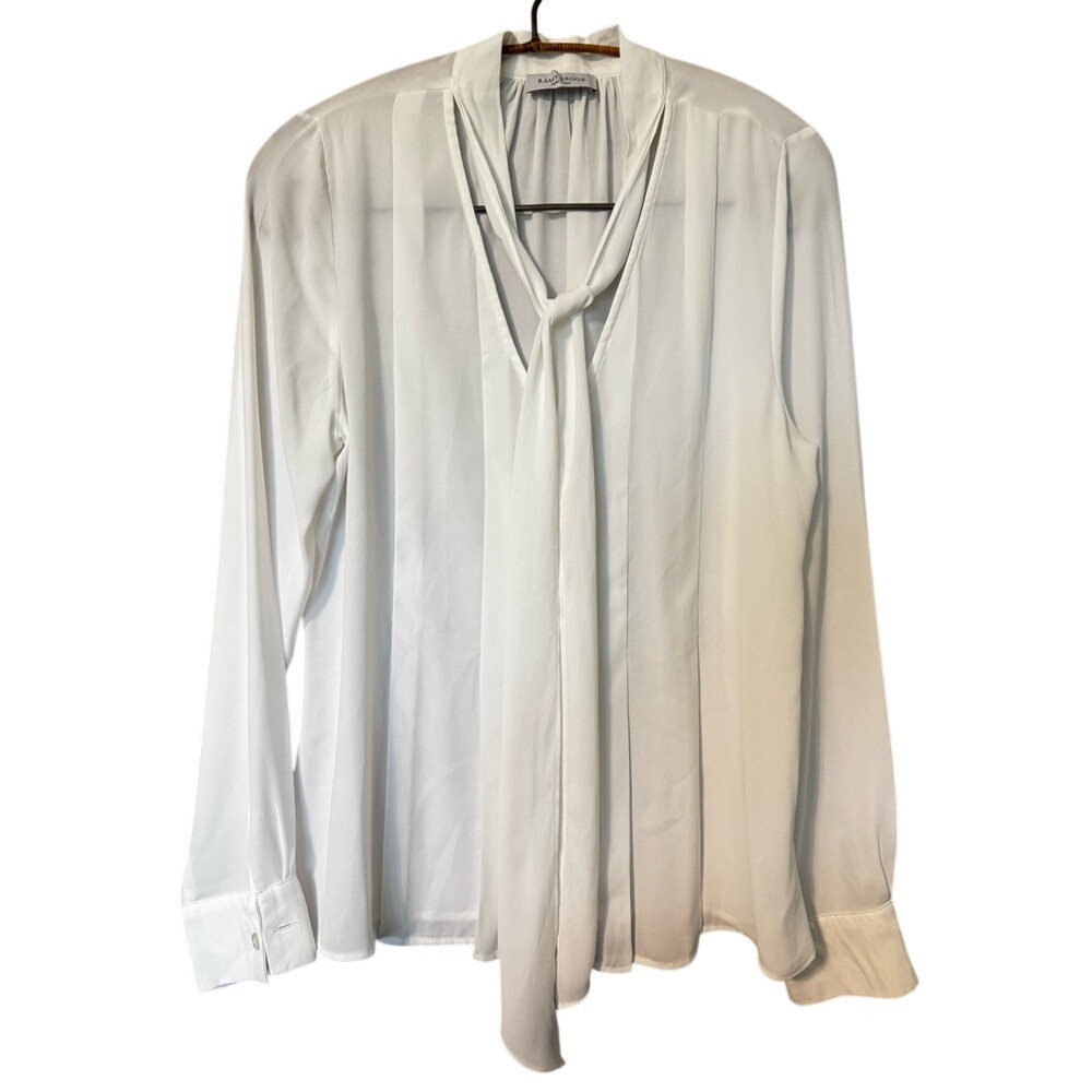 Ramy Brook Claire V Neck Tie Neck Blouse Button Top‎ White Medium